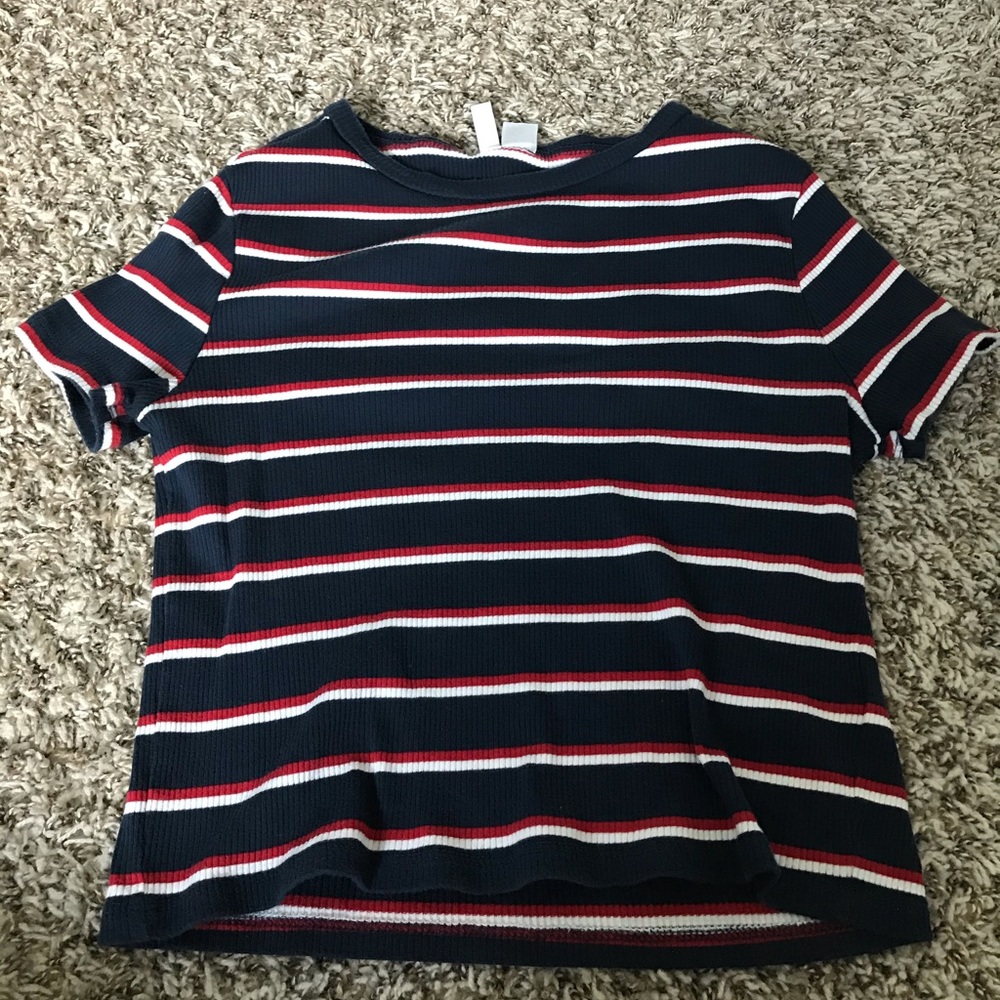 Navy Blue, Red, and White Striped Crop Top.